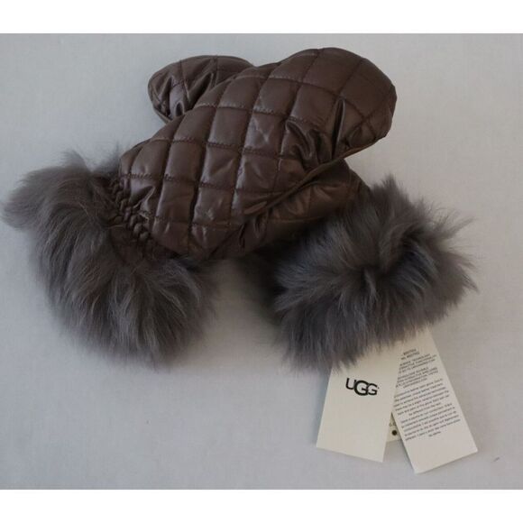 UGG 17413 Women Sz S/M Gray Genuine Leather Palm Quilted All Weather Mittens - Picture 4 of 5